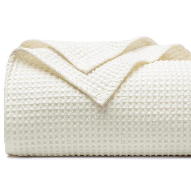 PHF 100% Cotton Waffle Weave Blanket Queen Size 90"x90"-Lightweight Washed Soft Breathable Blanket for All Season - Perfect Blanket Layer for Couch Bed Sofa-Elegant Home Decoration-Cream