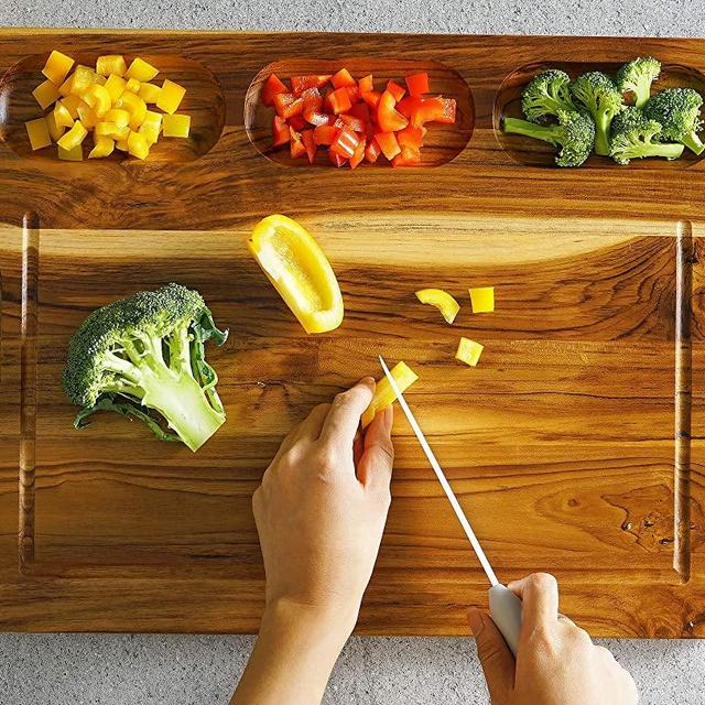 FANICHI Extra Large Teak Wood Cutting Board 17.8’’ x 14’’ For Kitchen, With 3 Built-In Compartments and Juice Canal, Heavy Duty Chopping Board, Thick Carving Board For Bread Fruits Meats