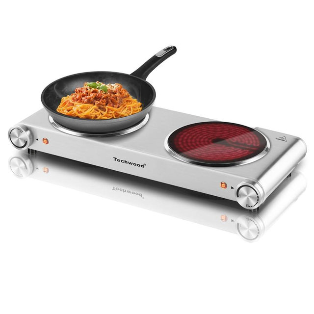 Hot Plate, Techwood Electric Stove Countertop Double Burners for Cooking Infrared Ceramic 1800W Dual Cooktops With Adjustable Temperature Control Brushed Stainless Steel Easy To Clean Upgraded Version