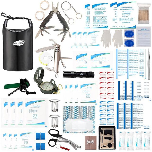 WELL-STRONG 234pcs Waterproof First Aid Kit with Survival Camping Compass, Boat Emergency Kit with Survival Tools for Fishing Kayaking Boating Rafting Black 3L