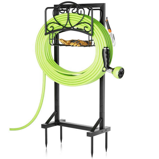 HXJLJY Stable Garden Hose Holder with Storage Basket and Tool Hooks, Heavy-Duty Garden Hose Storage Metal Hose Hanger Holds 160Ft, Rustproof Freestanding Water Hose Holder for Outside,Yard,Lawn,Farm