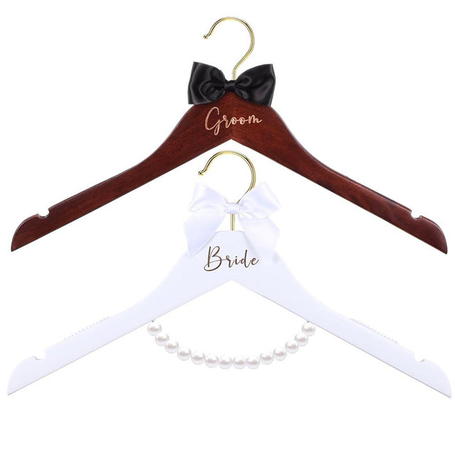 2 Pcs Bride Hanger Bride and Groom Wooden Wedding Dress Hanger Set with Bow Tie for Tuxedo Suit Wedding Gift Bridal Party Shower