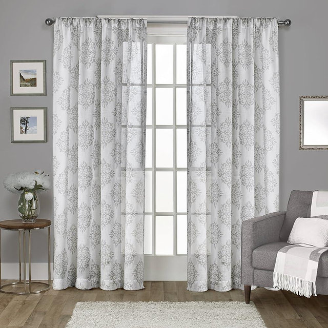 EXCLUSIVE HOME Nagano Medallion Belgian Linen Rod Pocket Curtain Panel Pair, 54"x84", Dove Grey