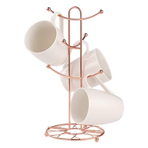 Buruis Mug Rack Tree, Decorative Flower Pattern Base Metal Mug Holder, Kitchen Coffee Mug Tree Countertop Tea Cups Holder Stand, Coffee Cup Dryer with 6 Hooks (Copper)