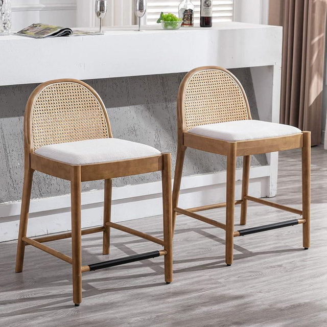DUOMAY Modern Bar Stools Set of 2, 26 Inches Counter Height Barstools with Rattan Back, Linen Upholstered Kitchen Island Chair with Wood Legs for Home Bar Coffee Shop, Beige