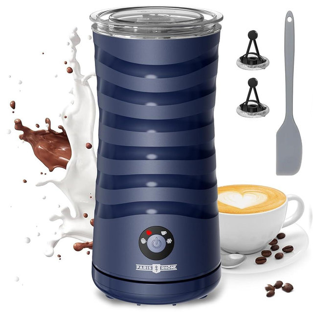 Milk Frother, Paris Rhône 4-in-1 Milk Steamer and Frother, Hot & Cold Foam Milk Warmer with Temperature Control, Auto Shut-Off Frothers for Coffee, Latte, Cappuccino, Macchiato, Blue