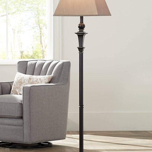 Regency Hill Madison Country Cottage Standing Floor Lamp 59" Tall Italian Bronze Brown Metal Taupe Faux Silk Square Hardback Shade Decor for Living Room Reading House Bedroom Office