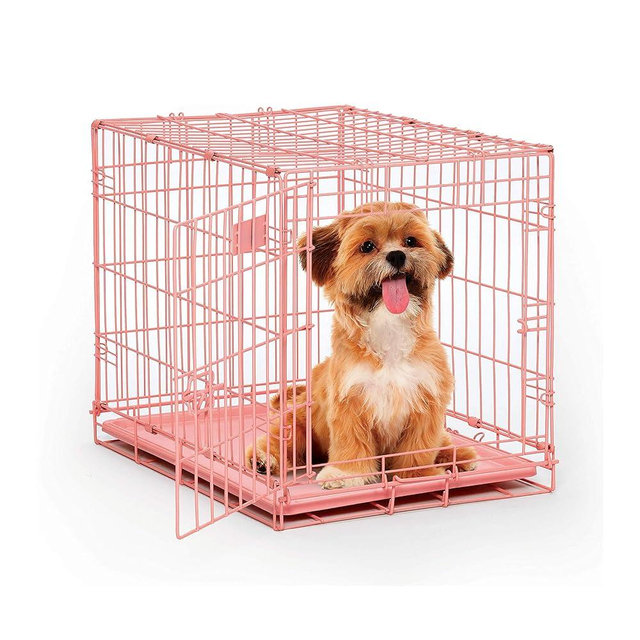 MidWest Homes for Pets 24-Inch Pink Fashion iCrate Single Door Folding Dog Crate, Enhanced Security, Includes Leak-Proof Pan, Divider Panel, Handle, Rubber Feet