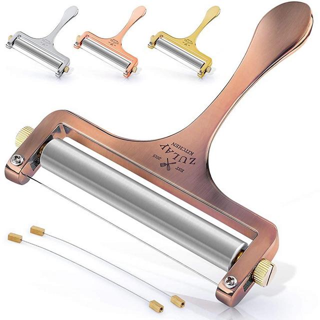 Zulay Cheese Slicer With Adjustable Thickness - Heavy Duty Stainless Steel Cheese Slicers With Wire - Premium Wire Cheese Slicer For Soft & Semi-Hard Cheeses - 2 Extra Wires Included (Copper)