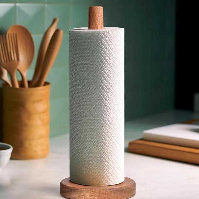 KitchLife Acacia Wooden Paper Towel Holder Countertop - Freestanding Paper Towel Dispenser Stand Organizer with Anti-Skid Base