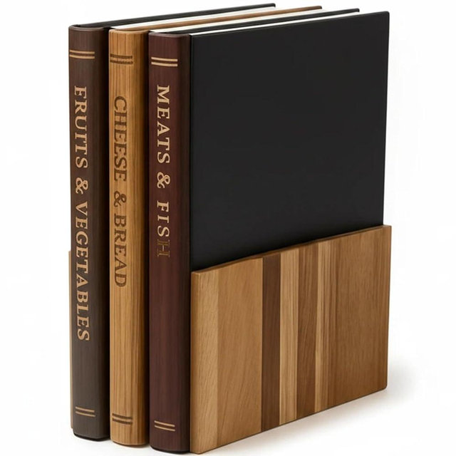 Book Cutting Board Set with Stand - Wooden Library Shaped Chopping Boards That Look Like Books, Labeled Meat, Fish, Cheese & Bread, Fruits & Vegetables, Decorative Kitchen Cutting Boards