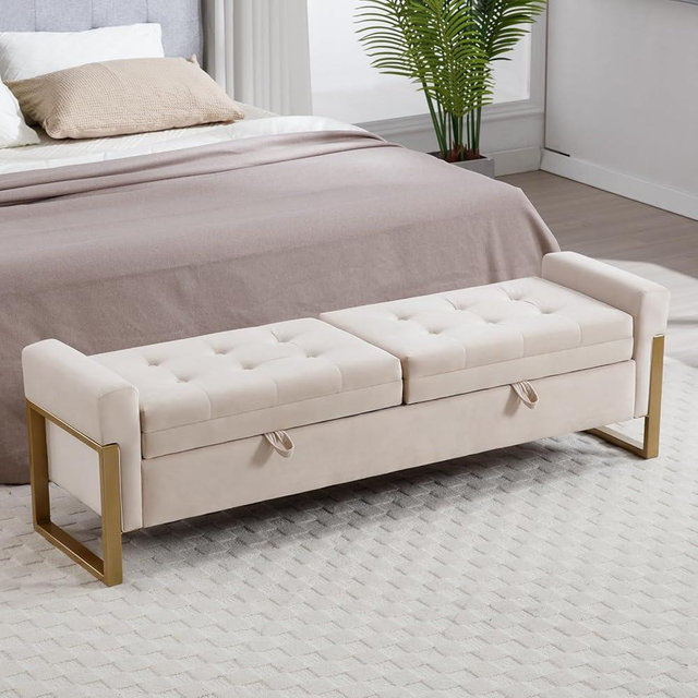 AEMEIOS 67" Storage Bench for Bedroom End of Bed, Velvet King Size Bed Bench with Double Lids and Gold Legs, Storage Ottoman Bench with Arms for Living Room Window and Entryway, Beige