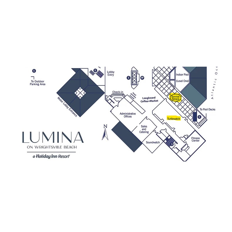 Location of sunrise terrace (cocktails) and turtlewatch (reception).
