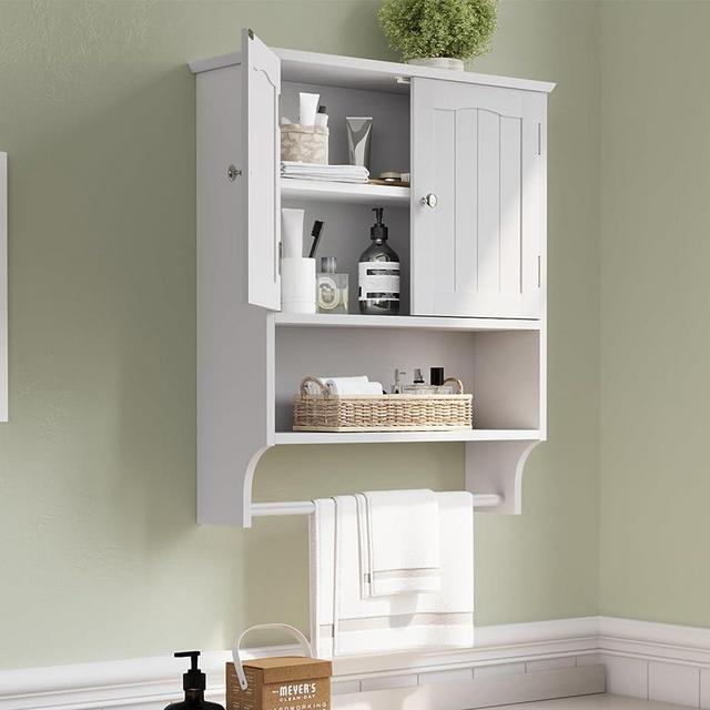 Smuxee White Bathroom Cabinet Wall Mounted with Towels Bar, Bathroom Medicine Cabinet with 2 Door Adjustable Shelves, Over Toilet Cabinet for Bathroom Laundry Room Kitchen