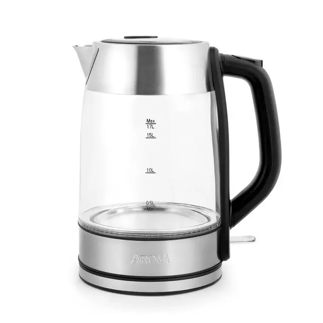 Aroma 1.7L Glass Electric Kettle: Stainless Steel Lid, Automatic Shut-Off, Ergonomic Handle, 1500W, Clear