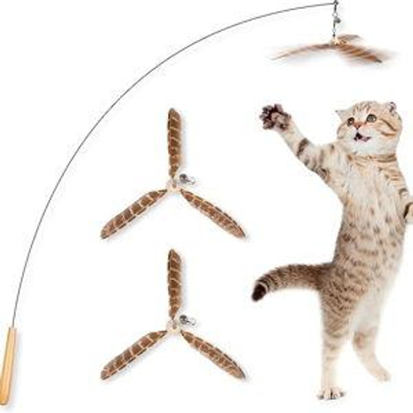 JXFUKAL Cat Wand Toys, Interactive Cat Toys with 3 Feather Refills, 29'' Flexible Steel Wire, Sturdy Wood Handle & Bell for Kitty Kitten, Cat Toys for Indoor Cats Teaser Cat String Toy