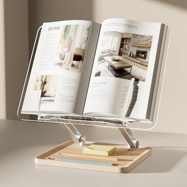 Adjustable Acrylic Book Stand for Reading, UPERGO Book Holder with Pen Slot, Foldable Desktop Riser for Laptop, Recipe, Textbook - Hands-Free,Cookbook Stand, Clear Design with Page Clips