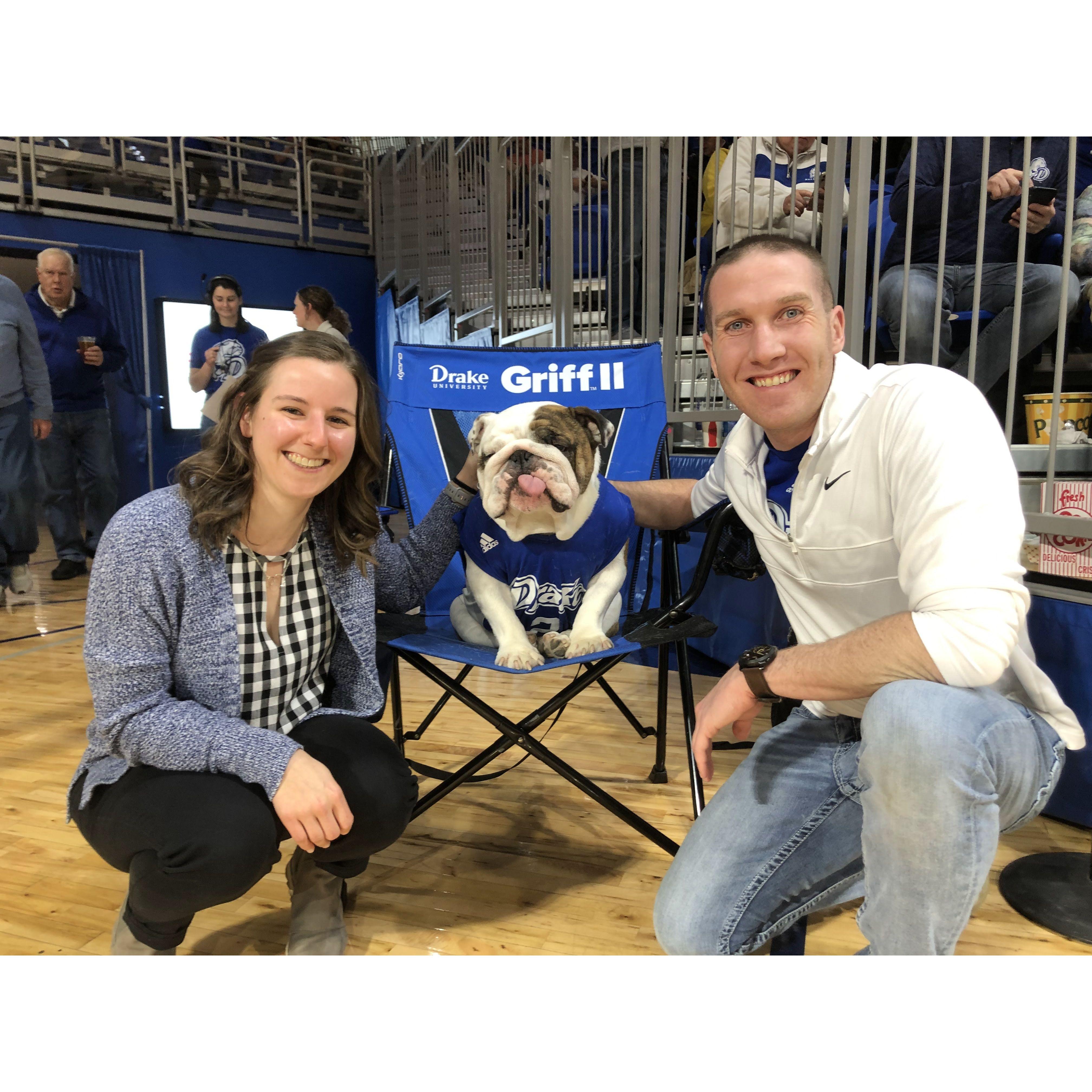 With Griff II, Drake's live mascot, and at a Drake women's basketball game!