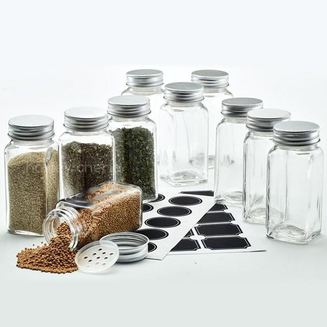 Hayley Cherie - 4 Oz Square Glass Spice Jars (Set of 10) - Chalkboard Labels, Stainless Steel Lids and Shaker Inserts