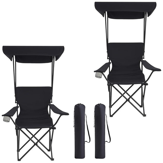 Foristrail Portable Camping Chair 2 Pack with Foldable Canopy, Folding Outdoor Chair with Cup Holder & Side Pocket for Camping, Hiking, Picnic, Beach (Black)