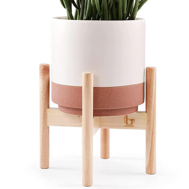 HYGGEISM Ceramic Planter with Wood Stand, 7.3” Mid Century Modern Flower Holder with Drainage Hole Large Decorative Indoor Plant Pot Set for Tree and Flowers, White