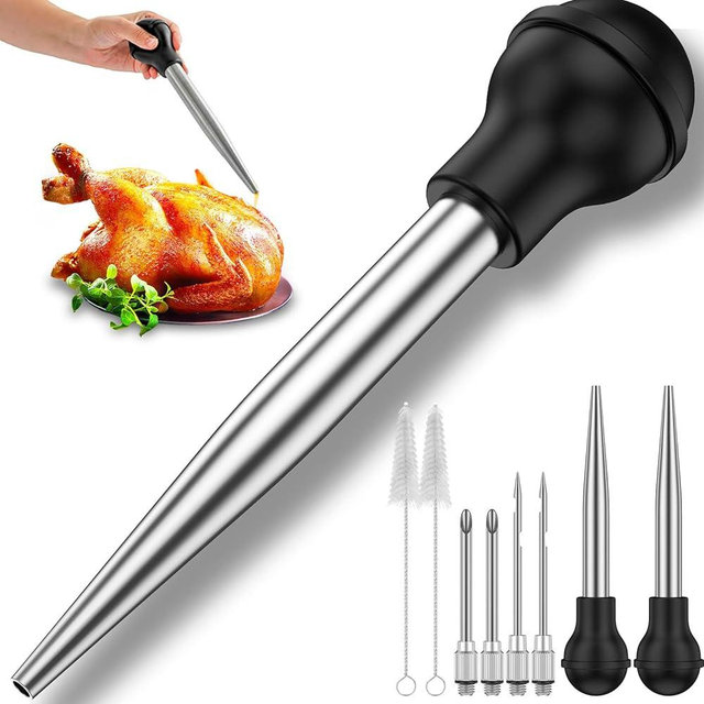 Turkey Baster Set of 8 Stainless Steel Turkey Baster Syringe Meat Marinade Injector Needle with 4 Needles Silicone Bulb and Cleaning Brush Meat Baster for Kitchen Cooking