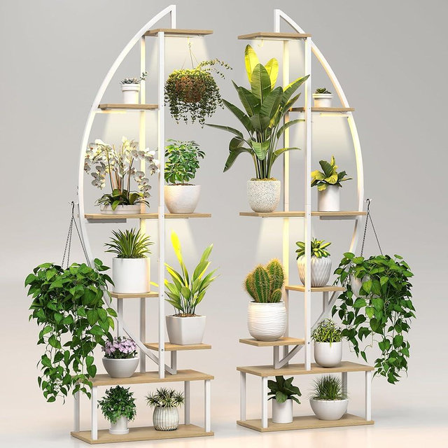 BLAZPATH Plant Stand Shelf Indoor with 6 Grow Light, 7 Tier 65" Tall 2 Pack Half Moon House Display Rack Organizer for Large Planter Pot, White Symmetric Circle Herb Holder Inside with Hanging Hook