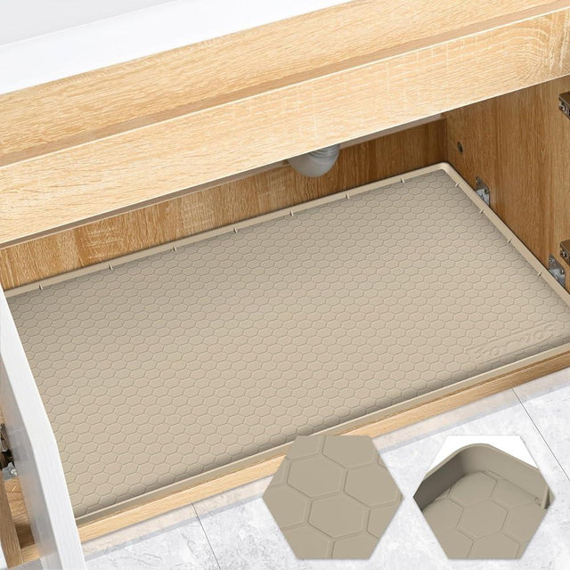 FORWOS Under Sink Mat, 34" x 22" Silicone Mats for Kitchen Waterproof, Under Sink Cabinet Organizers and Storage, Sink and Cabinet Protector, Under Sink Tray for Bathroom (Khaki)