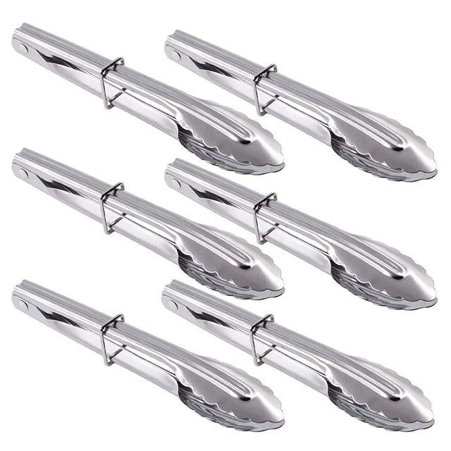 HINMAY Mini Stainless Steel Food Tongs with Silding Rings 7-Inch - Set of 6 - Small Clam Shell Service Tongs for Serving Appetizers, Desserts, Salads, Barbecue and Cooking (Silver)