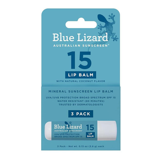 BLUE LIZARD Mineral SPF 15 Lip Balm, 3-Pack: Broad Spectrum Sun Protection, Natural Coconut Flavor, 8 Natural Oils, Infused with Australian Kakadu Plum, Rich in Vitamin C, Vegan, Each Tube 0.13 oz.
