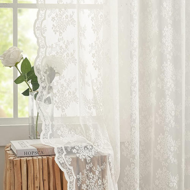 YJ YANJUN Lace Sheer Curtains 54 inch Length-Country Vintage Floral Curtains Short Curtains for Bedroom Set of 2, 52 x 54 Inch Ivory