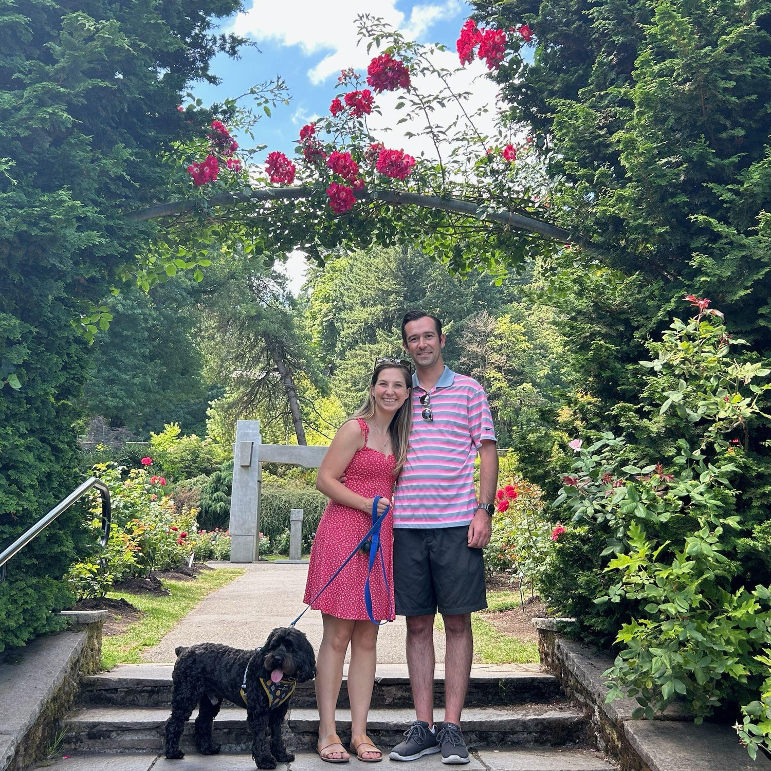 Walking through the Rose Garden with our dog, Lupo!