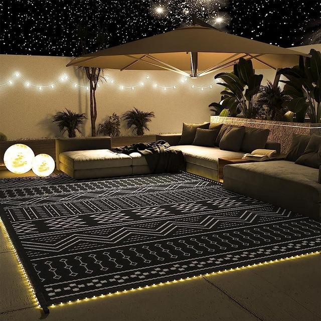 Outdoor Rug Carpet Waterproof 8x10ft with LED Strip Lights-Patio Rug Mat Indoor Outdoor Rug for RV Camping Picnic Reversible Lightweight Plastic Straw Outside Rug for Patio Decor Decoration Boho Rug