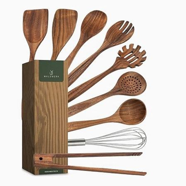 WALDWERK Wooden Spoons for Cooking – 9-Piece Kitchen Utensils Set with Spatula, Tongs, Whisk, Wooden Spoons & Pasta Server – Wooden Utensil Set – Utensil Sets - Cooking Utensils - Non Toxic