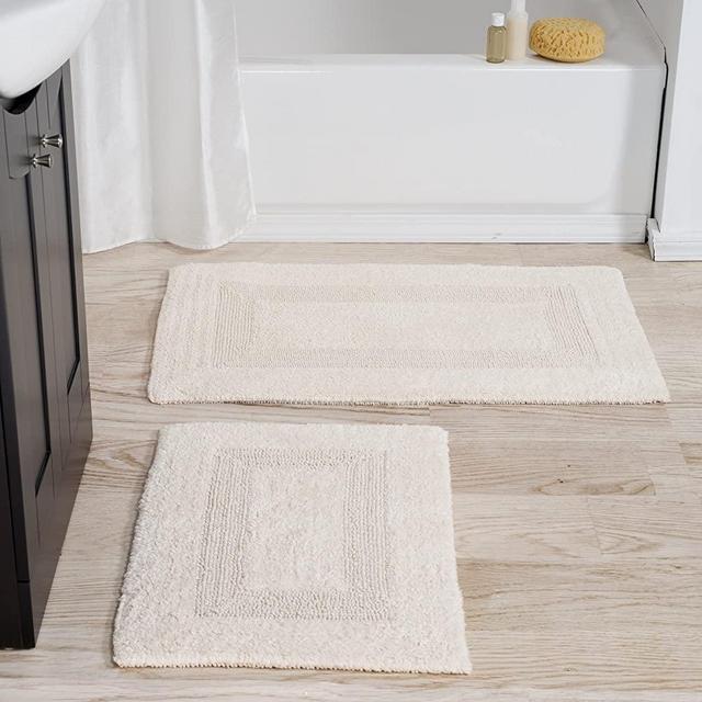 Cotton Bath Mat Set- 2 Piece 100 Percent Cotton Mats- Reversible, Soft, Absorbent and Machine Washable Bathroom Rugs By Lavish Home (Ivory)