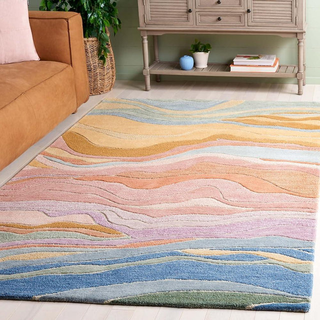 Safavieh Rodeo Drive Collection Area Rug - 6' x 9', Blue & Blush, Modern Abstract Design, Handmade Wool, Ideal for High Traffic Areas in Living Room, Bedroom, Dining (RD451M-6)