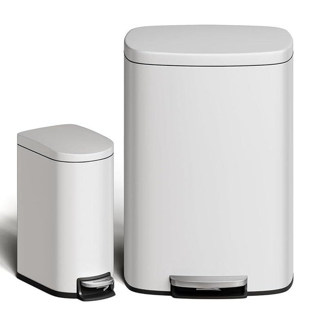 GarveeHome 13 Gal & 2.6 Gal Trash Can Combo Set, Kitchen Trash Can and Bathroom Trash Bin with Lid, Step-On Rustproof Garbage Bin with Inner Bucket, White