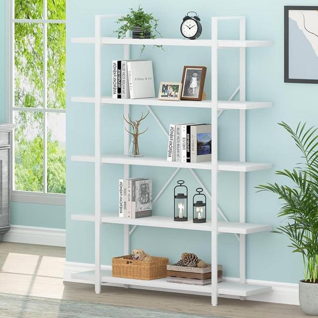 HSH 5 Tier Tall White Bookshelf, Metal and Wood Storage Book Shelves for Bedroom Living Room Office, Modern Large White Bookcases and Bookshelves 5 Shelf, Farmhouse Open Vertical Display Book Shelf