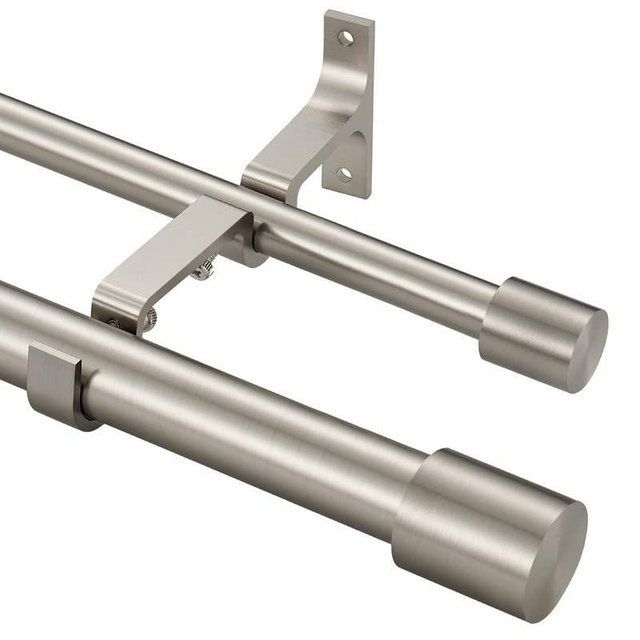 Double Curtain Rods 72-144", Brushed Nickel Double Curtain Rods with Cap Finials, Adjustable Double Window Rods, 1 Inch Front and 5/8 Inch Back Double Drapery Rod, Brushed Nickel Dual Curtain Rods