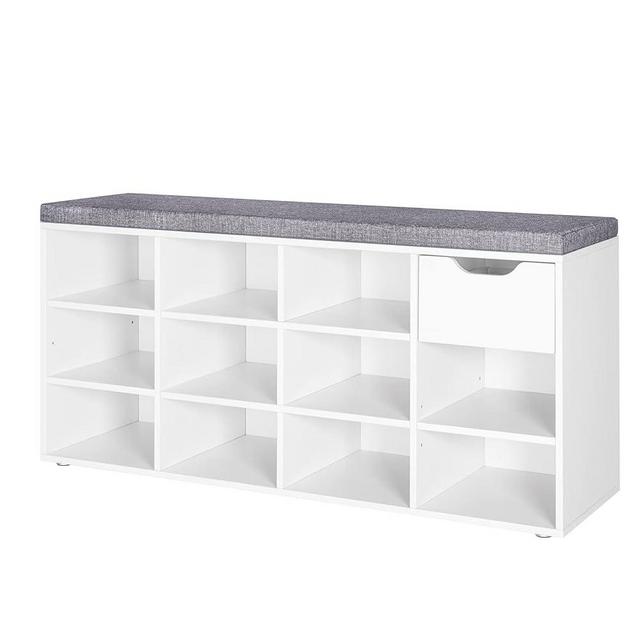 DINZI LVJ Shoe Bench, Entryway Storage Bench with Drawer and 11 Cubbies, Cubby Shoe Rack with Adjustable Shelves, Shoe Organizer Cabinet for Living Room, Bedroom, Mudroom, Closet and Garage, White