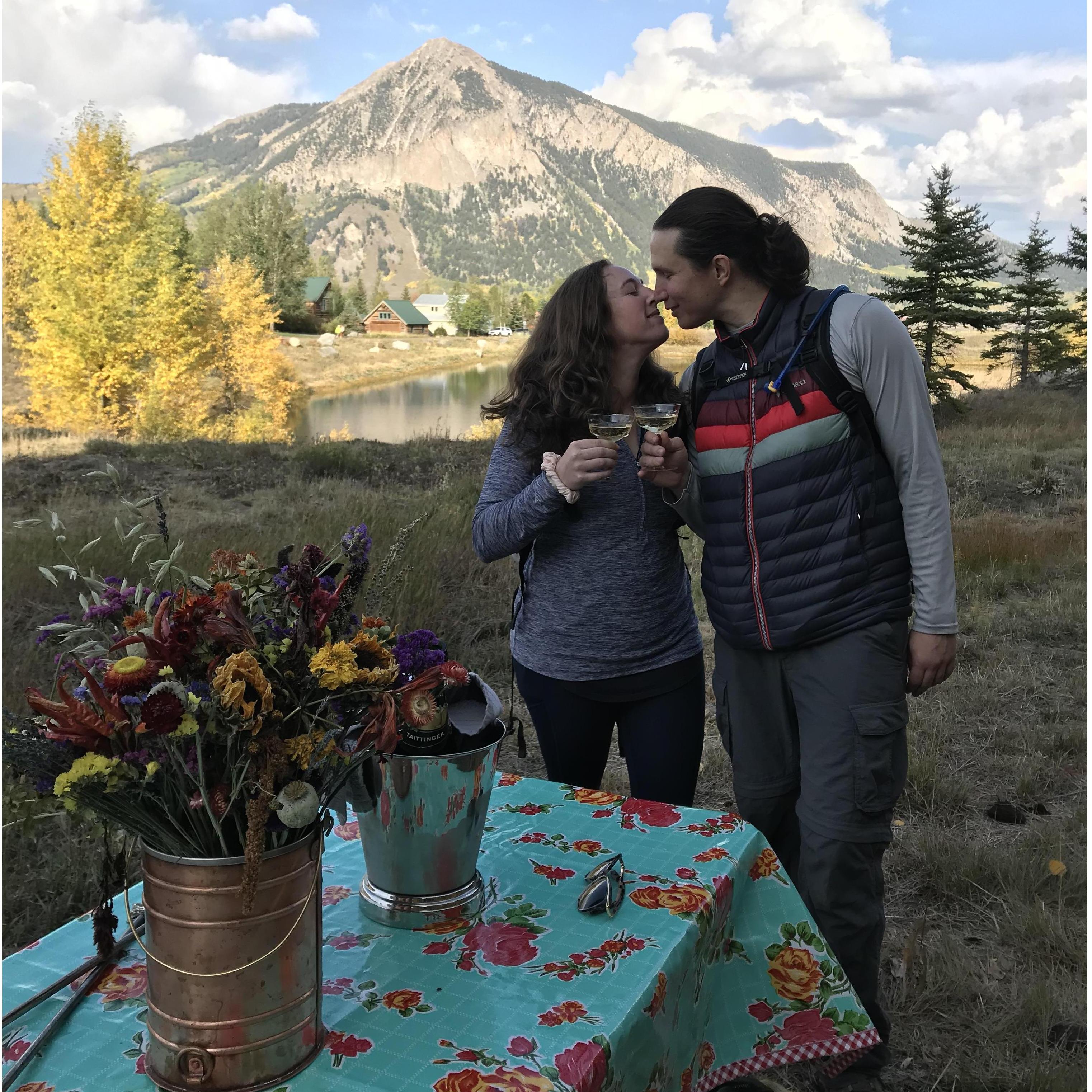 Post engagement hike at the start of the Green Lake trail in Crested Butte, CO