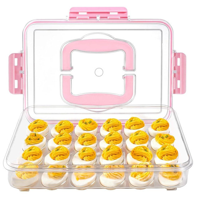 MesRosa Deviled Egg Containers with Lid and Handle, Durable Clear Plastic Deviled Egg Carrier Storage 24 Eggs, Stackable Egg Holder for Fridge, Portable Tray Platter for Party & Picnics-1 Pack Pink