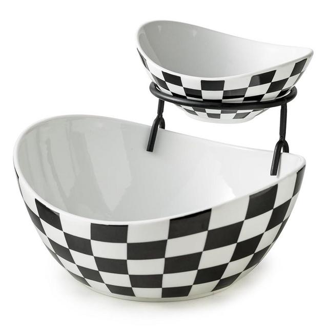 Miamolo Chip and Dip Serving Set, Checkered Tiered Serving Bowl with Stand, Ceramic Appetizer Serving Dishes Serving Platters and Trays for Parties Entertaining