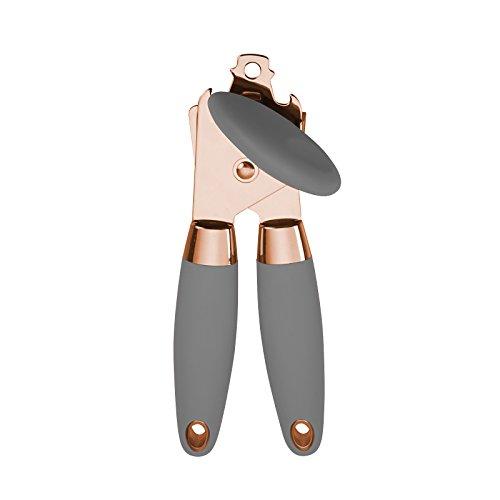 COOK with COLOR Deluxe Manual Rose Gold Quality Stainless Steel Can Opener With Durable Grey Anti Slip Handles and Large Knob with Built In Bottle Cap Opener