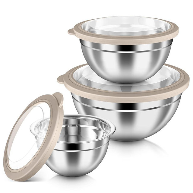 HaWare Mixing Bowls with Airtight Clear Lids, 6-Piece Stainless Steel Strong Nesting Bowls Set, Metal Salad Bowl for Cooking, Prepping, Baking, Serving & Food Storage, Size 4.6, 3, 1.5QT, Khaki