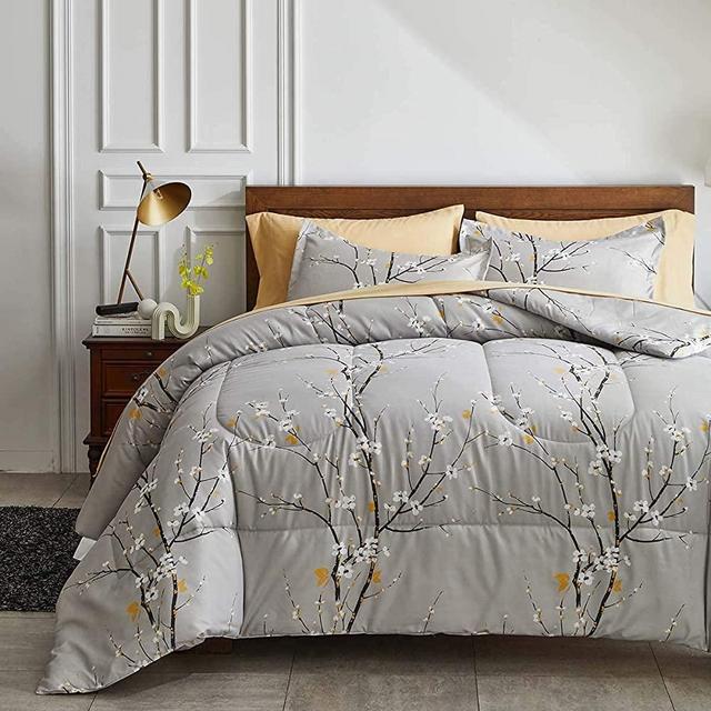 Uozzi Bedding Bed in a Bag 7 Pieces Queen Size Tan Grey Tree Branch Bloom Flower - Soft Microfiber Reversible Bed Comforter Set (1 Comforter 2 Pillow Shams 1 Flat Sheet 1 Fitted Sheet 2 Pillowcases)