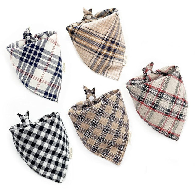 Fall 5PCS Dog Bandanas with Button - Autumn Thanksgiving Thick Triangle Bibs Dual Layer Soft Cotton Scarf for Small Medium Large Boy Girl Puppy Cat Pet Plaid Kerchief Halloween Costumes Outfits