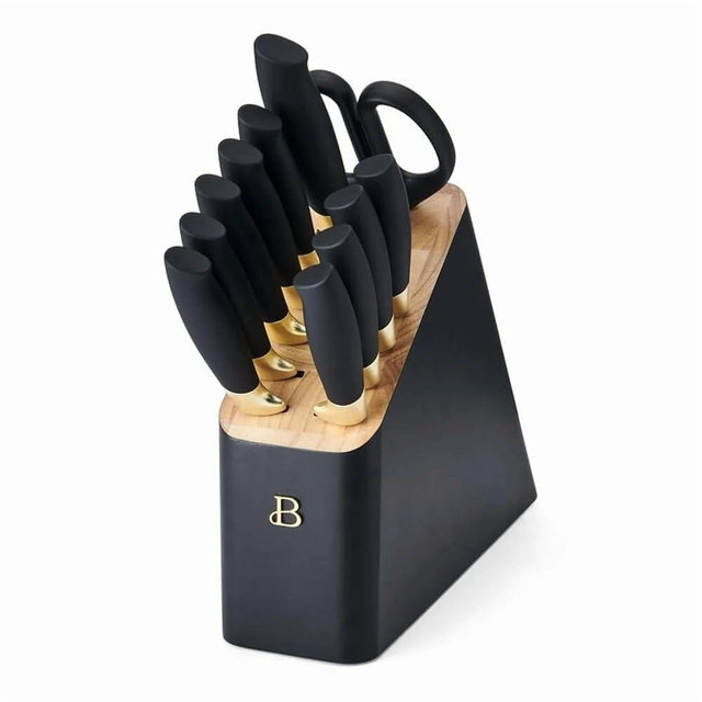 Beautiful 12 Piece Stainless Steel Knife Set Block Soft Grip Handles Drew Barrymore (Black Sesame)
