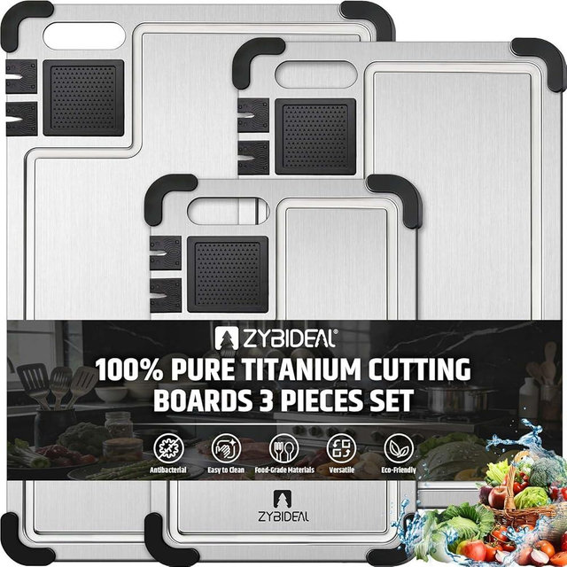 ZYBIDEAL Set of 3 Premium Titanium Cutting Board, Chopping Board with Dual Knife Sharpeners, Juice Grooves, Garlic Grinding Area, Non-Slip Corner Guards, Multi-functional Cutting Board for Kitchen
