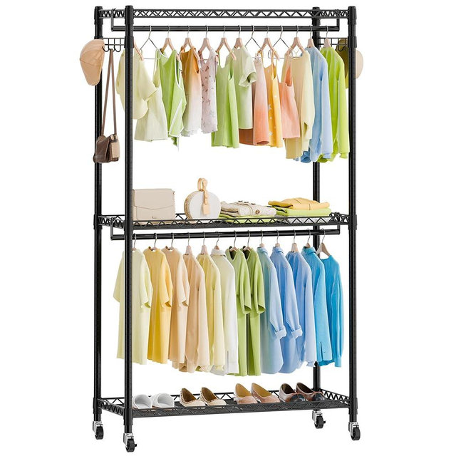 ENJOYBASICS Heavy Duty Metal Clothes Rack with Lockable Wheels, 3-Tier Adjustable Garment Clothing Rack for Hanging Clothes, Wardrobe Storage with Double Rods and Side Hooks, Black